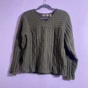 Olive V-Neck Cable Knit Sweater